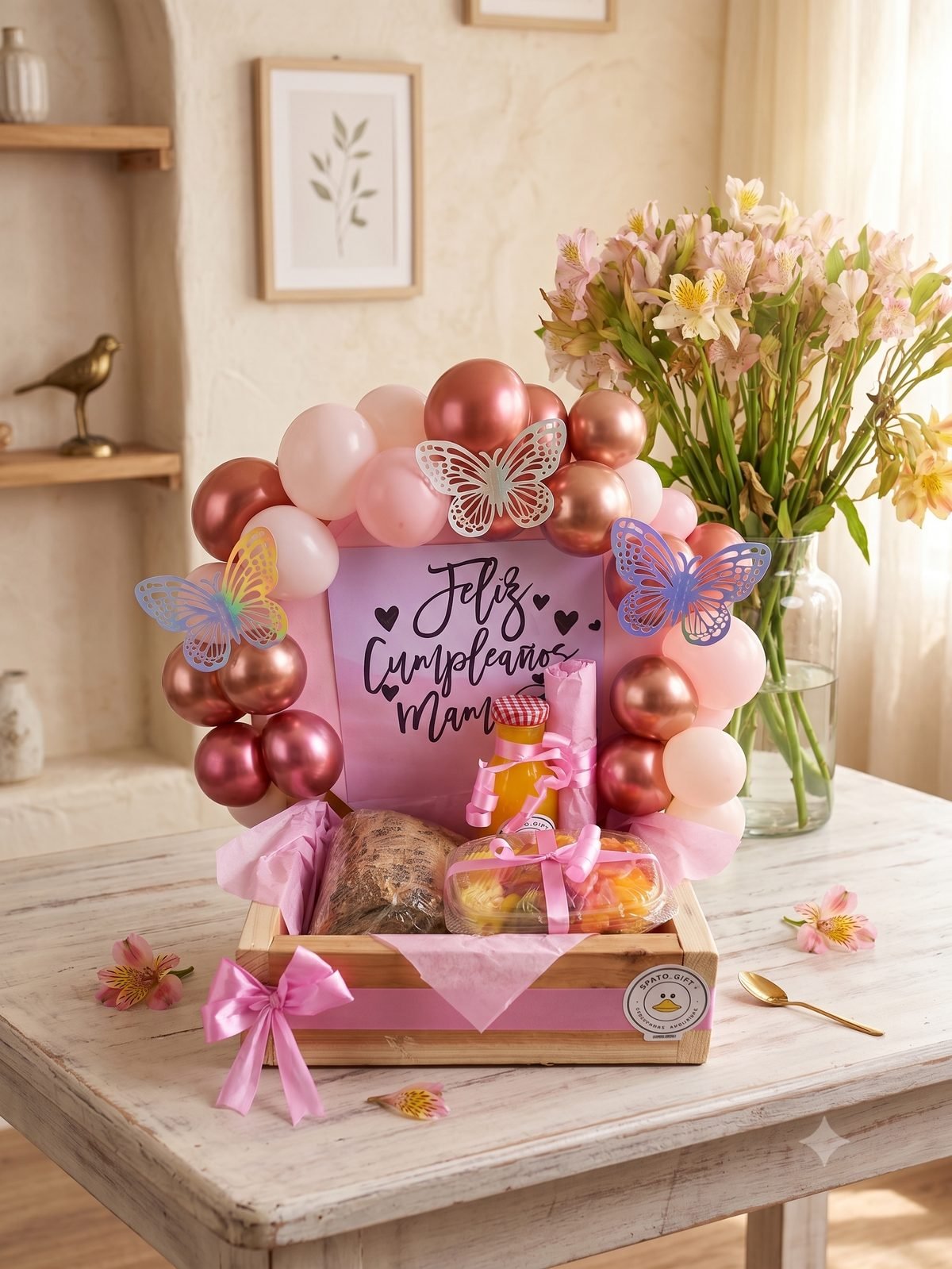 Canasta de desayuno con flores frescas